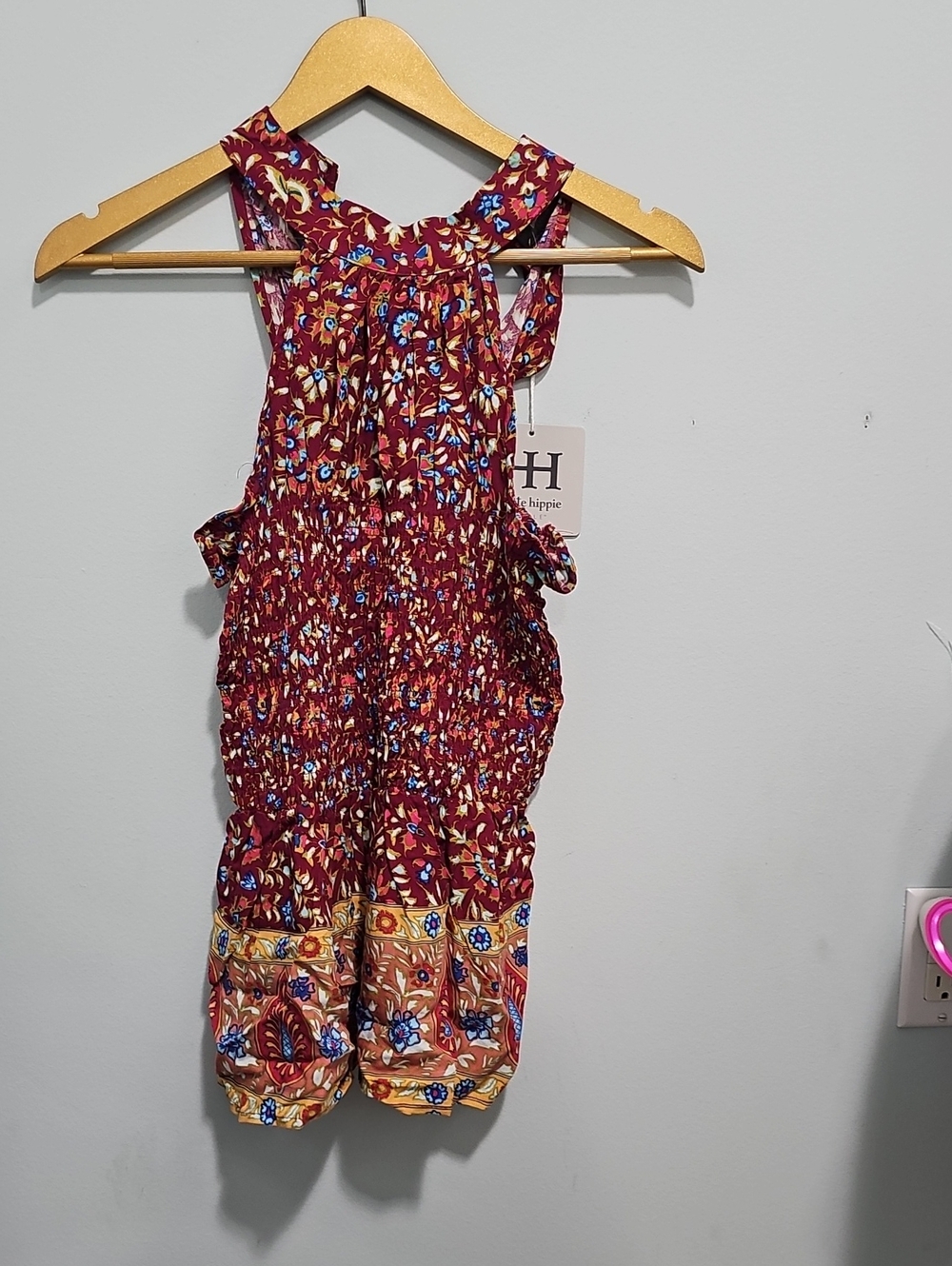 Women's Large Haute Hippie Burgundy Floral Top with Printed Border New With Tags